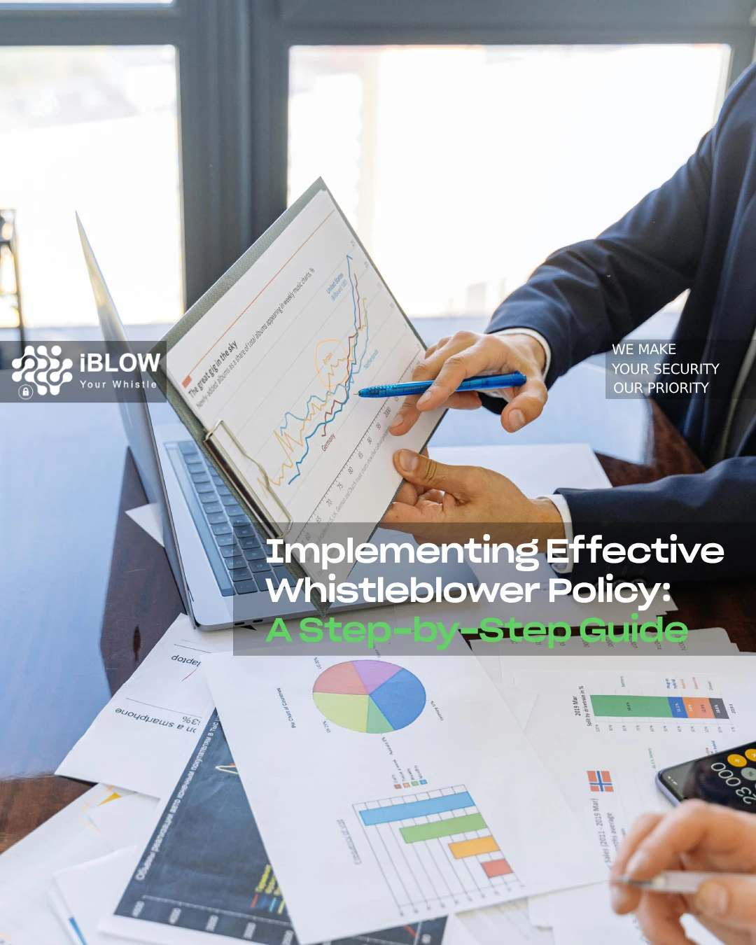 A business professional in a suit presenting financial charts and graphs during a meeting, symbolising transparency, corporate accountability, and data-driven decision-making, in an iBlow.eu post called “Implementing Effective Whistleblower Policy: A Step-by-Step Guide”