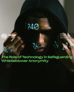 Anonymous figure in a hoodie with digital numbers projected on face, symbolising encrypted communication and whistleblower anonymity, in the iBlow.eu “The Role of Technology in Safeguarding Whistleblower Anonymity”.