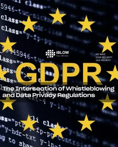 GDPR compliance concept with European Union stars and programming code background in iBlow.eu article called Whistleblowing and Data Privacy Regulations